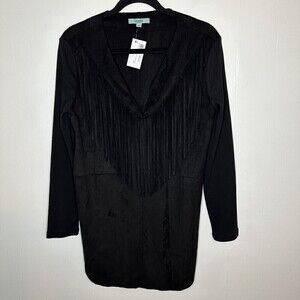Karlie NWT Faux Suede Fringe V Neck Dress Black Boho Festival Concert Small